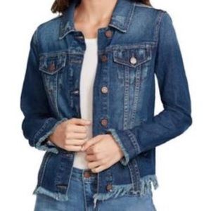 William Rast  distressed raw hem classic dark denim jean jacket size large